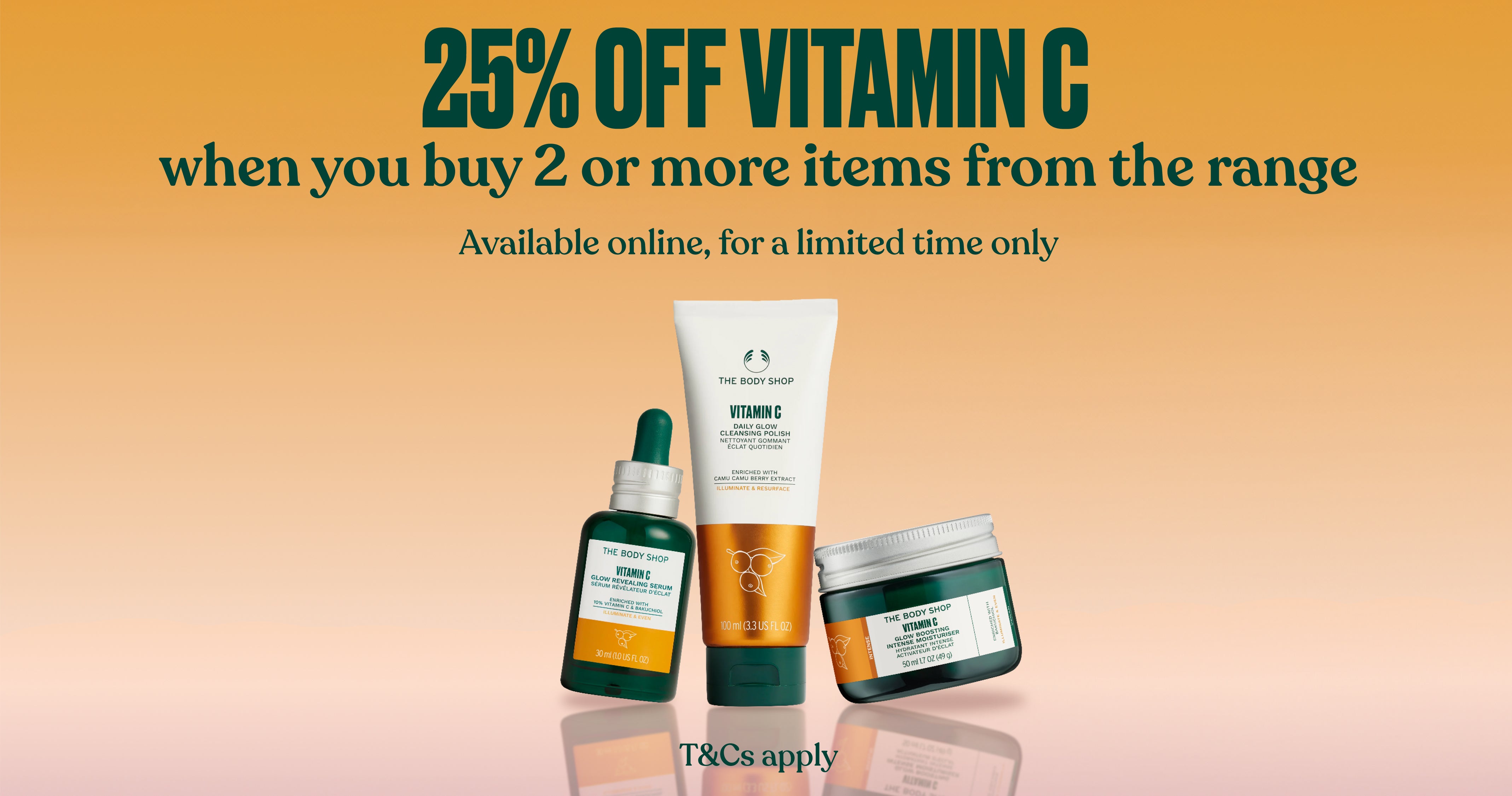 Cosmetic products with a promotional message for 25% off Vitamin C on an orange background